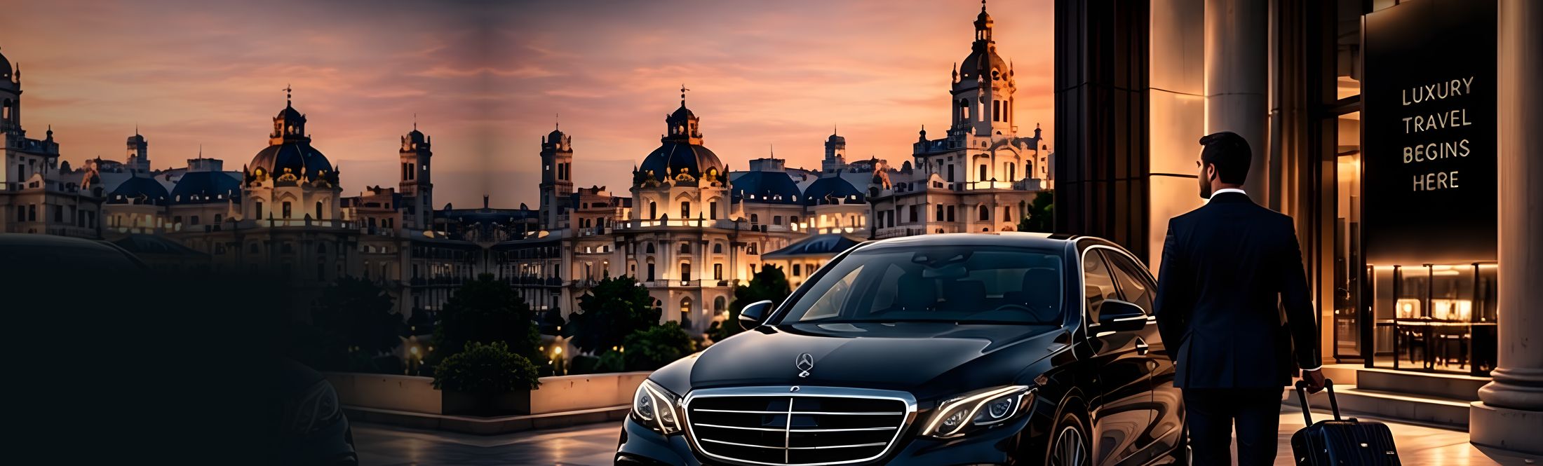 Una berlina ejecutiva negra frente a un hotel de lujo al atardecer